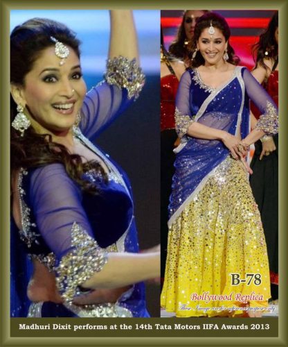 Bollywood Replica Madhuri Dixit in Yellow and Blue Lehenga-0