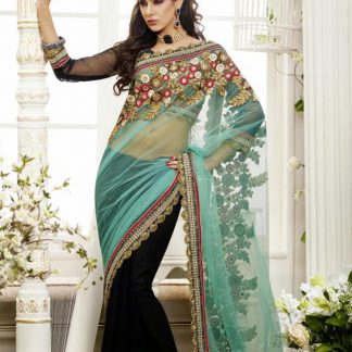 Beautiful Turquoise and Black Party Wear Saree-0