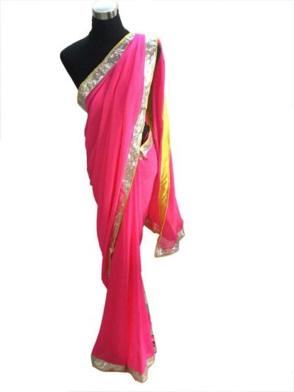 Bright Pink Georgette Saree with Silver Borders-0