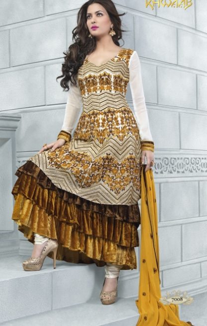Beautiful Semi Stitched Anarkali Suit in White and Yellow Color-0