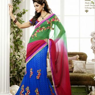 Designer Saree in Green Blue and Red Color Combination-0