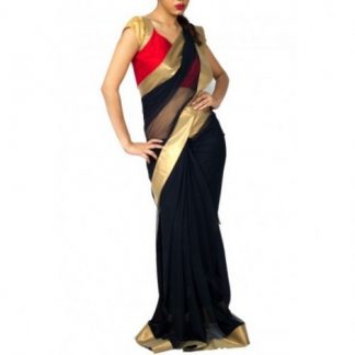 Elegant Black Net Saree with Golden Border-0