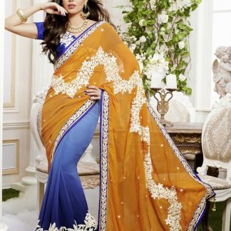 Georgette Saree in Occur Yellow and Blue Color-0