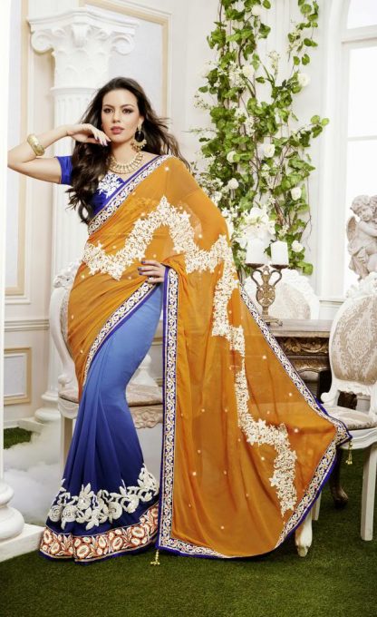 Georgette Saree in Occur Yellow and Blue Color-0