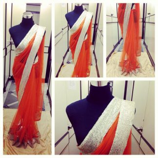 Beautiful Net Saree in Neon Orange and Gold Color-0
