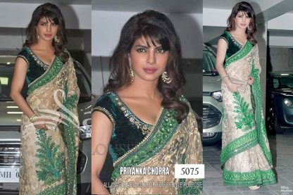 Bollywod Actress Priyanka chopra in Beige and Green Embroidery Saree-0