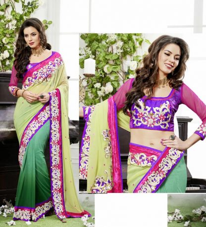 Stunning Georgette Net Saree in Green and Purple Color-0