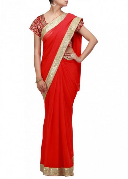Stunning Red Saree of Georgette Material with Gold Borders-0