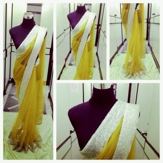 Beautiful Yellow Net Saree with Sequin Work-0